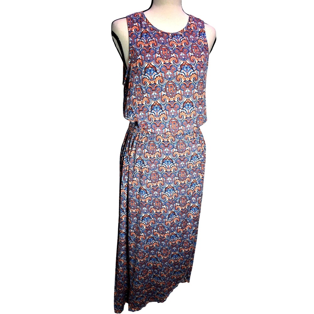 Disney Parks Mickey Mouse Paisley Keyhole Back Maxi Dress Orange Blue Large